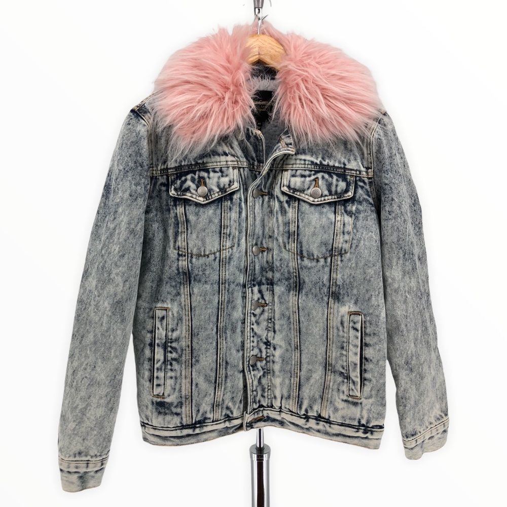 Juicy Couture Black Label Pink Fur Collar Acid Wash Denim Jacket size XS